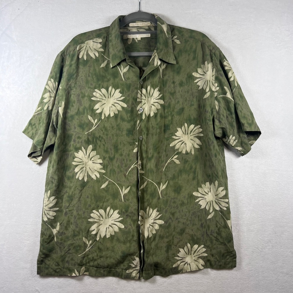 Perry Ellis Mens Large Silk Floral Button Up Shirt Olive Green Daisy Camp Top